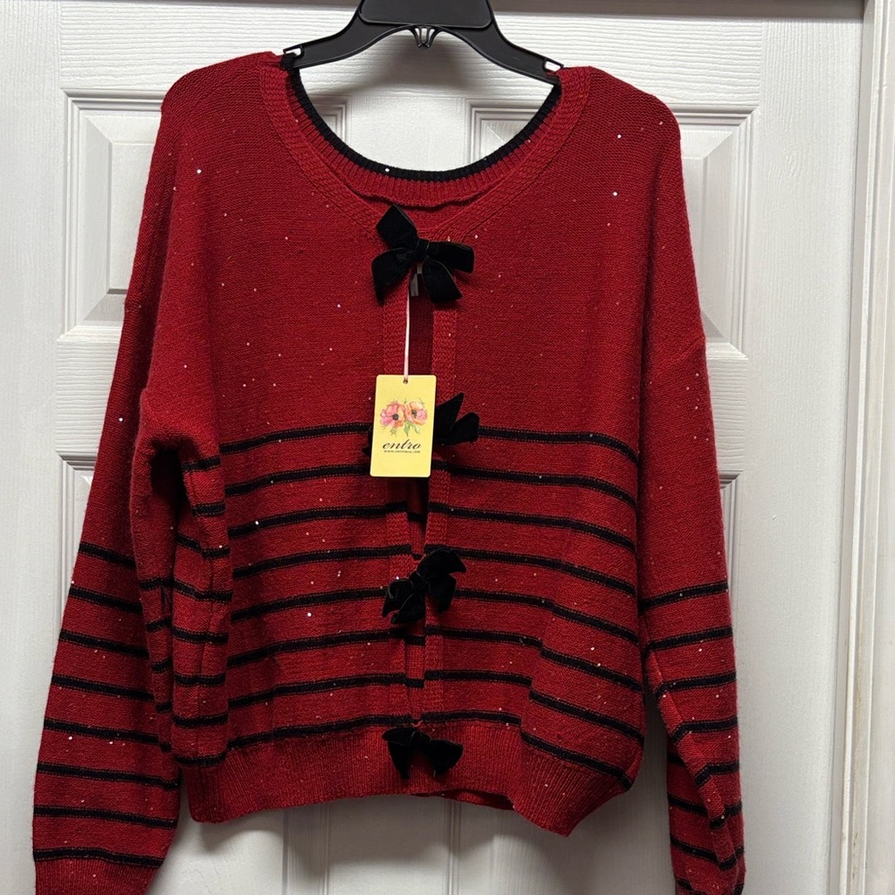 Entro Red and Black Sparkling Striped Women's Sweater-Black Velvet Bows Sz L New